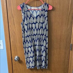 “5/$20” Just Funky Navy and Cream Leaf Print Sleeveless Dress size large